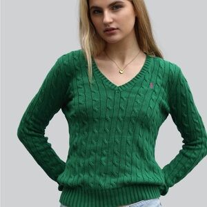 Ralph Lauren Cable Knit V-Neck Sweater Green Yellow Pony